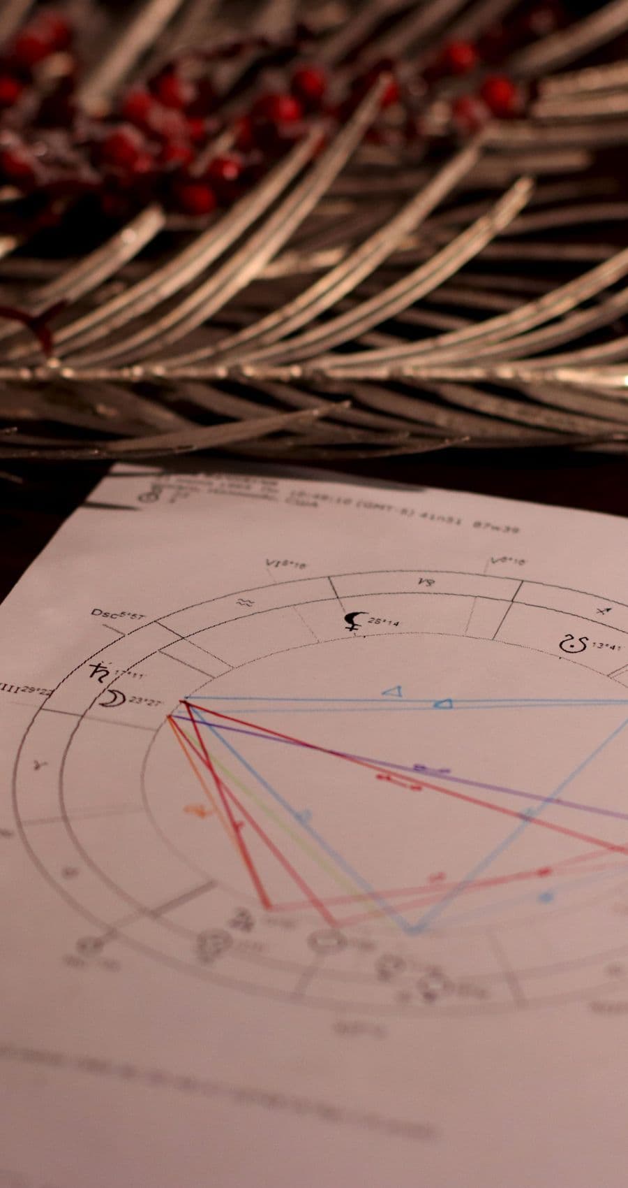 A hand-drawn natal chart with its planetary aspect lines traced in red and blue