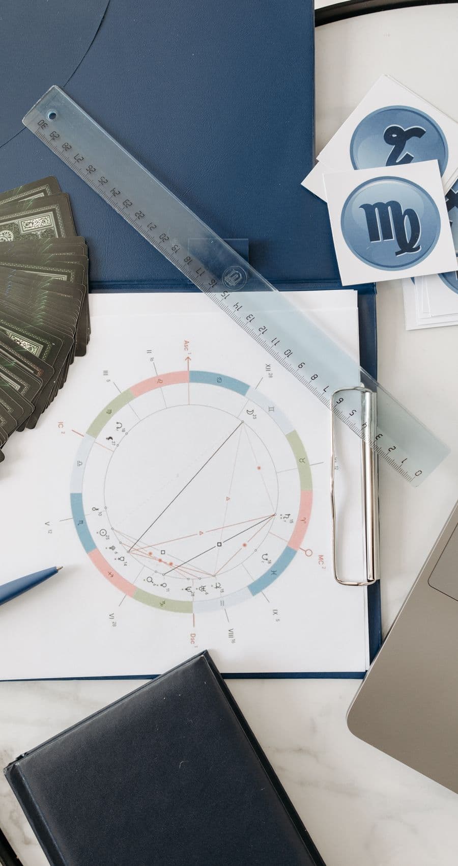 A numerology chart drawn out on paper beside a ruler, pen and notebook