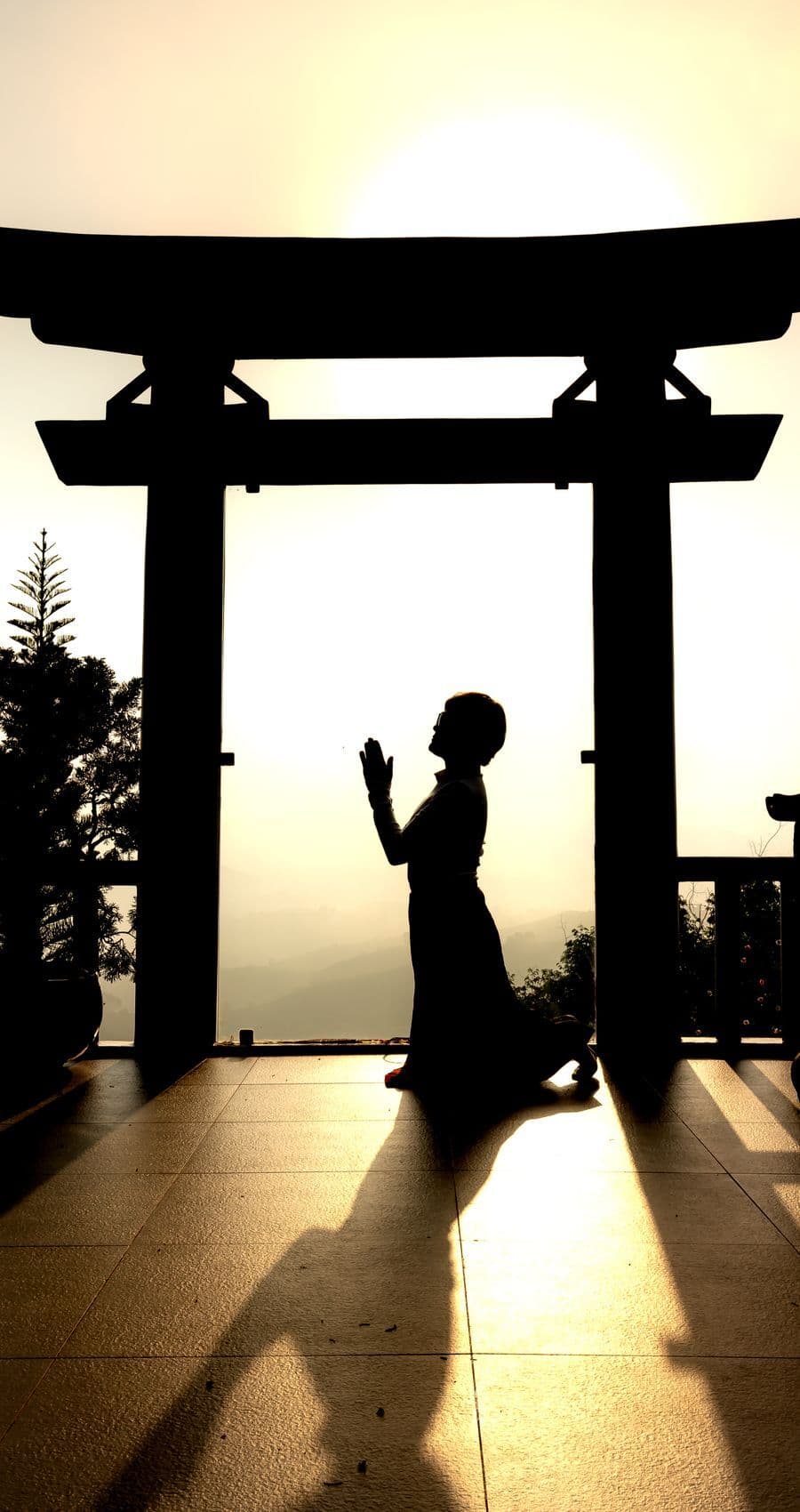 A figure standing in prayer beneath a torii gate at sunrise